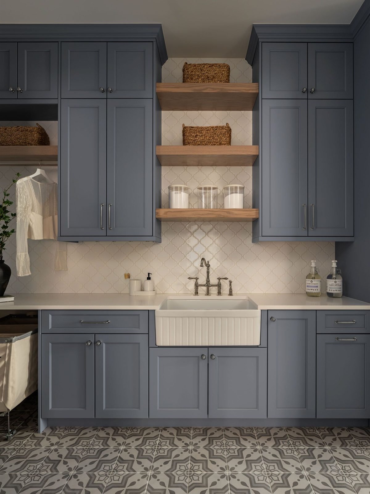Saorsa Ranch mudroom and laundry with slate-blue cabinetry