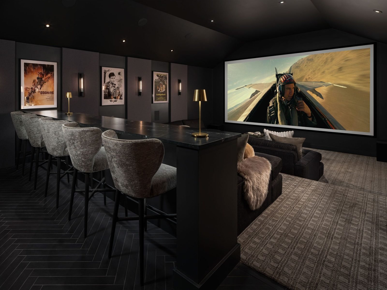 Home theater with dark wood desk vignette